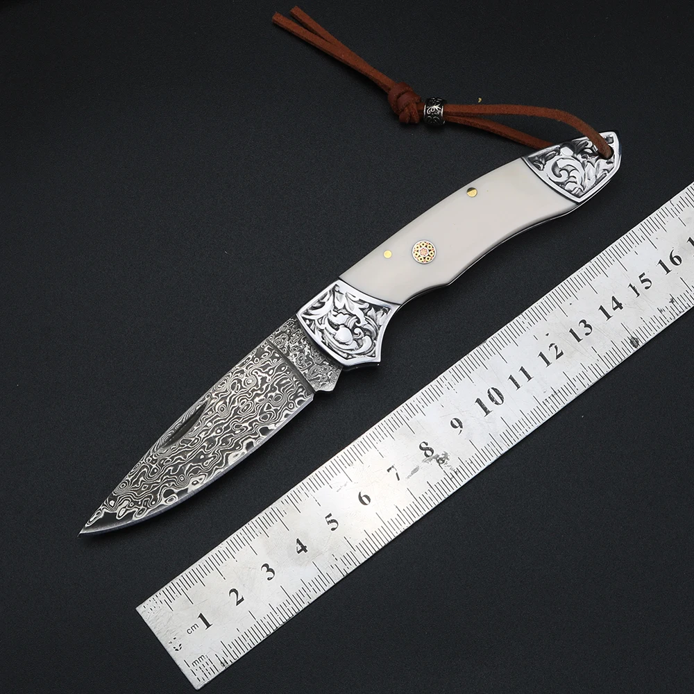 Damascus Beef Bone Handle Folding Knife Exquisite Embossed Steel Head Sharp Small Knife Outdoor Portable Small Knife