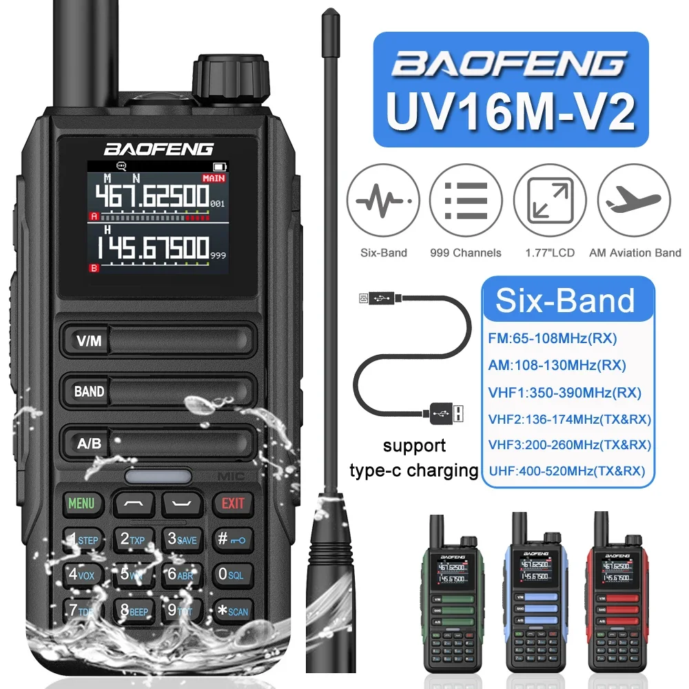 

Baofeng UV16M V2 Рация 15 Вт Высокая емкость AM FM Двусторонняя радиостанция Шестидиапазонный 1,77 дюйма ЖК-дисплей 999CH Частотная копия NOAA Шумоподавление