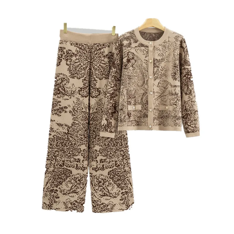 Temperament Jacquard Landscape Painting Fashion Knitted Set Women's Autumn/Winter New Cardigan Sweater Two-piece Set