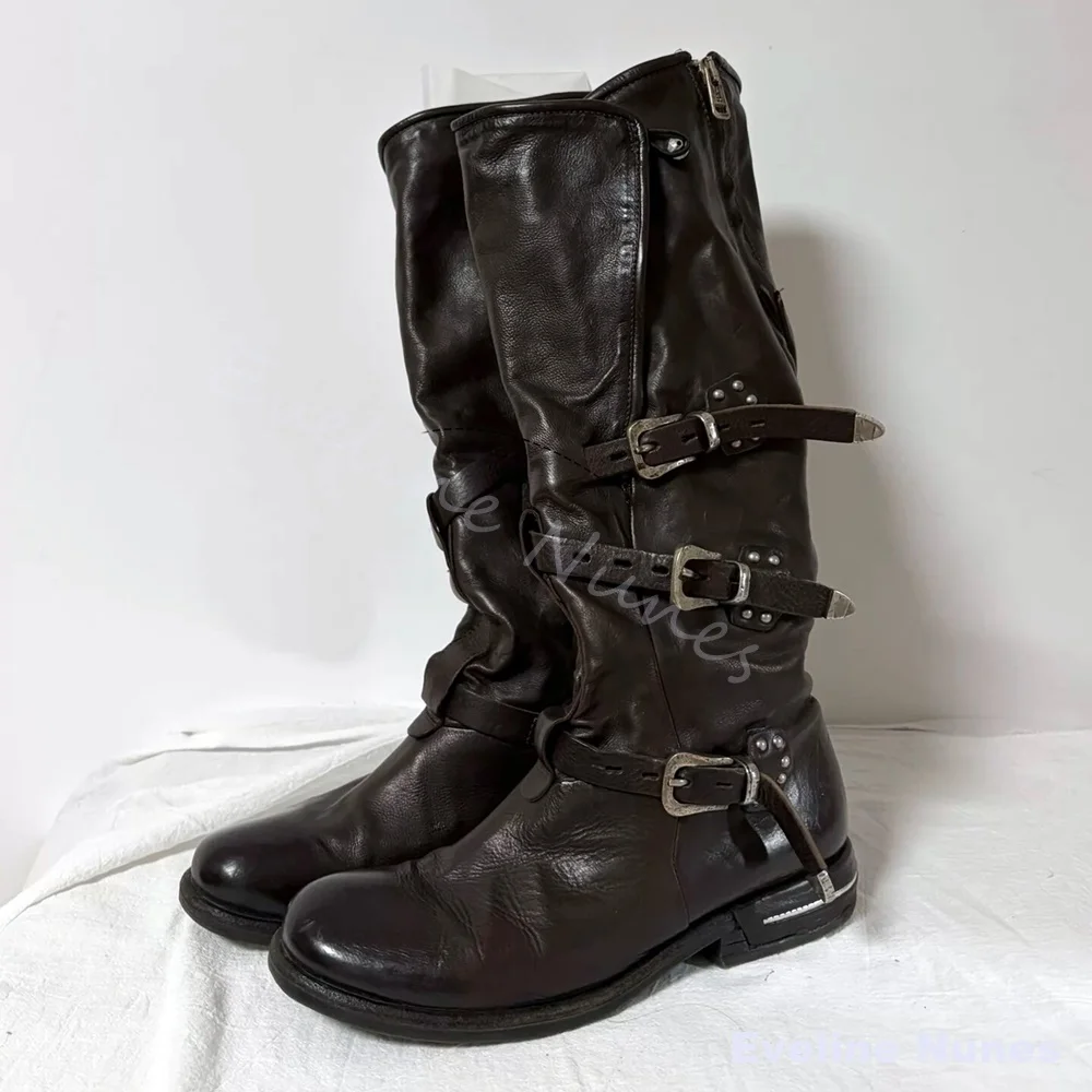 Distressed Brown Soft Leather Knee High Boots 3 Adjustable Metal Buckle Straps Chunky Knight Boots Vintage Motorcycle Tall Boots