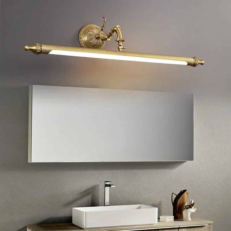 

New Full Copper Mirror Front Wall Lamp Golden Bathroom Bathroom Anti-fog LED Mirror Cabinet Simple Fill Light Wall Decor