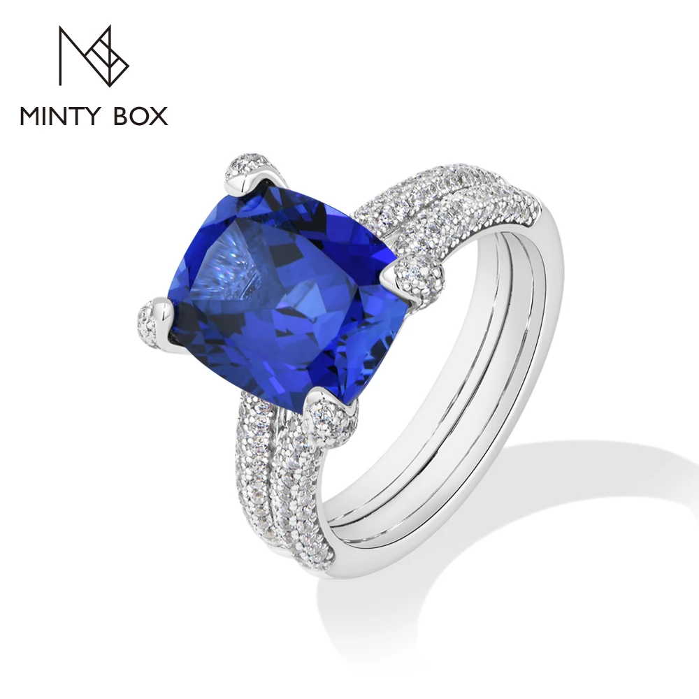 MINTYBOX Sparkling Gorgeous Cushion Cut Lab Sapphire Ruby Ring S925 Silver Engagement Band for Women Dinner Party Birthday Gifts