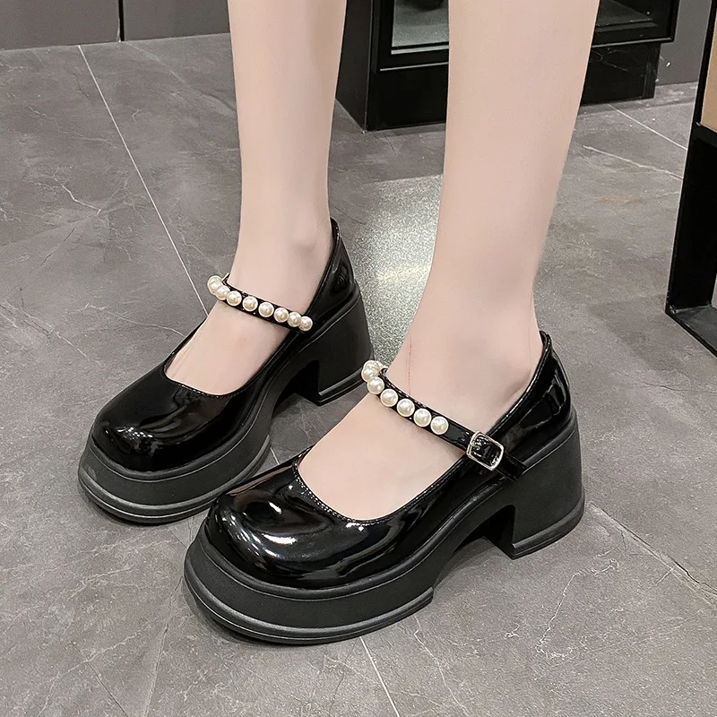 

High-heeled Mary Jane Shoes for Women,2026 Summer New Style,Retro Round Toe,Bowknot,Pearl,Thick Sole,Thick Heel,JK Leather Shoes