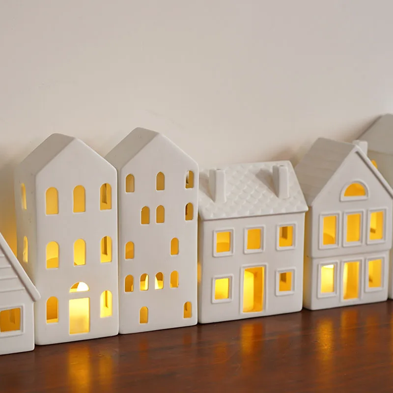 Nordic Simple Matte House-Shaped Ceramic Ornaments, Danish Architectural-Shaped Candlesticks, Home Holiday Decorations
