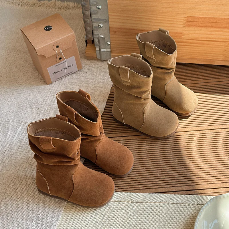 Parent-child Shoes 2026 Kids Girls Retro Slouch Ankle Boots Korean Style Round Toe Versatile Fashion Soft Women Short Boots
