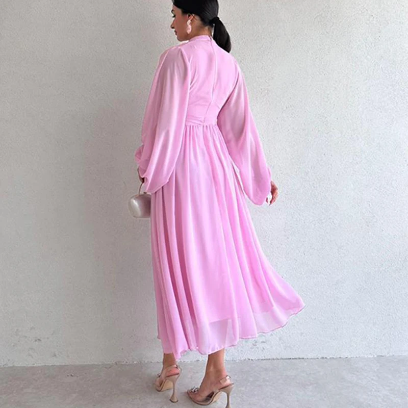 Fashion Half High Collar Mesh Maxi Dress 2024 Women Solid Pleated Bridesmaid Dress New Spring Elegant Long Sleeved Waist Dresses