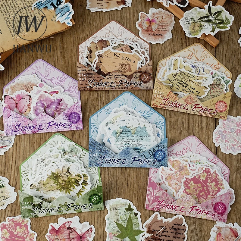 JIANWU Stained Notes Series Vintage Plant Flower English Words Landscape Material Collage Sticker Creative Journal Stationery