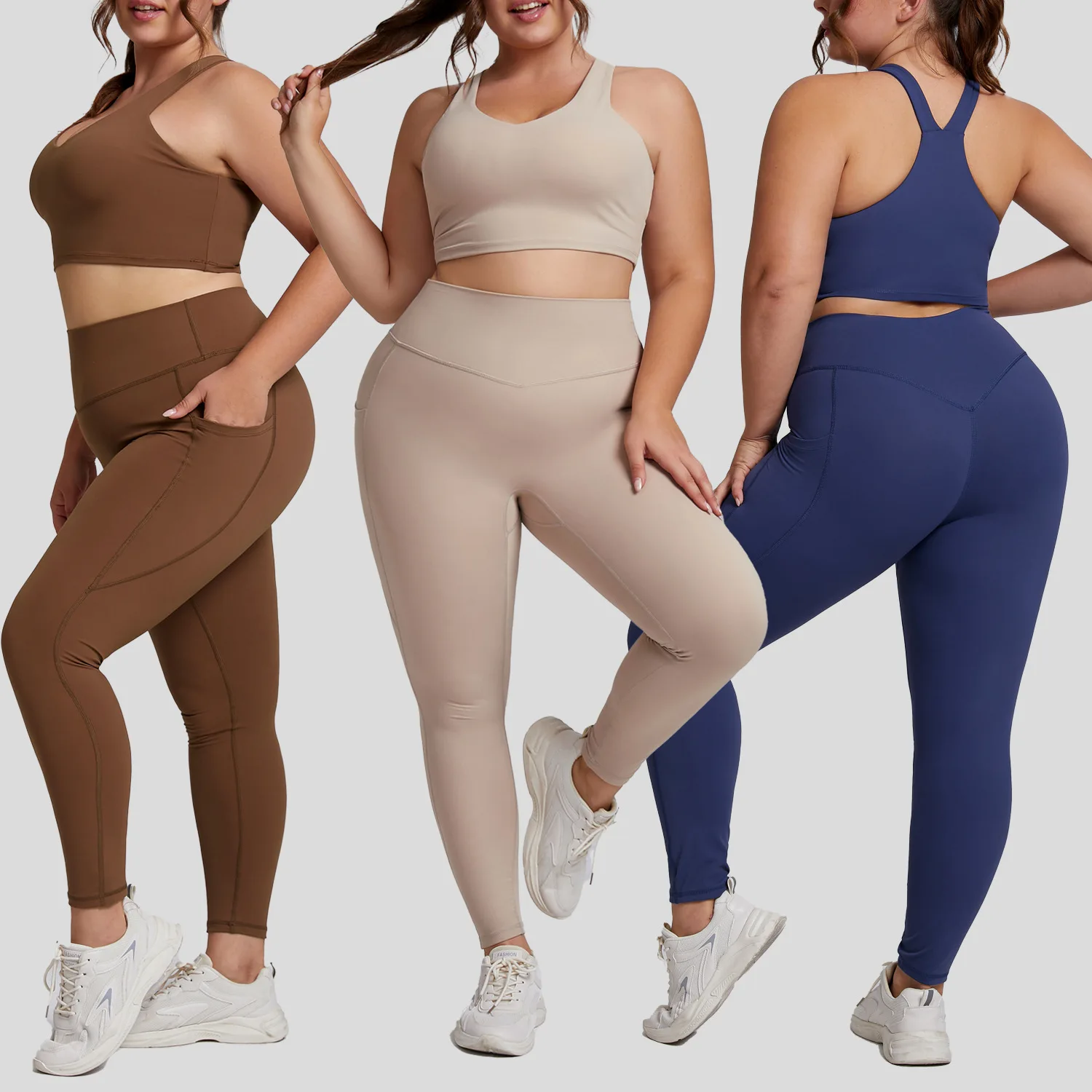 

Nude Plus Size Yoga Suit Women's Tight Sportswear Two-piece Pocket Fitness Suit Womens Clothing