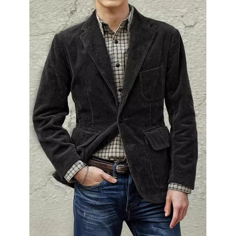 Men's Corduroy Vest Pure Color Single Button Plaid Design Casual Waistcoat Jacket Thin Straight Bottom Youth Dance Wear
