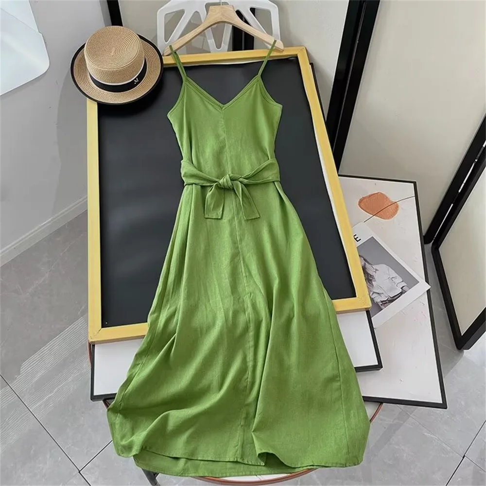 Cos Lris 2024 Summer Women\'s French Resort Style Slim Suspender V-Neck Sleeveless Green Dress Long Skirt