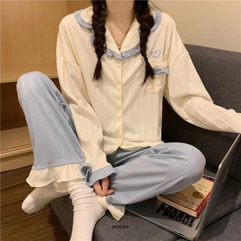 Plus Size 6XL 150KG Autumn Women Nightwear Pajamas Set Pajamas Set Women Solid Color Sleepwear Long Sleeve Top and Pants