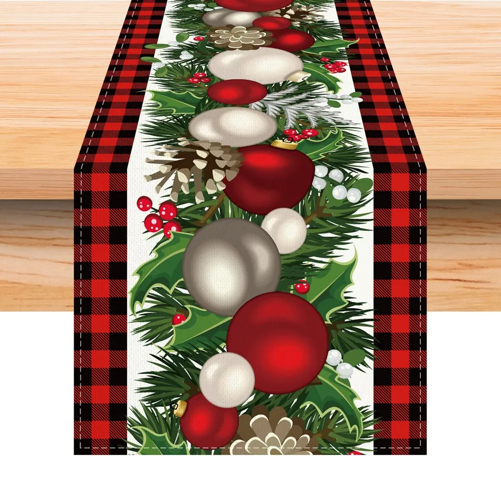 Camino de mesa navideño a cuadros rojos y negros de lino, Decoración de mesa navideña de temporada de invierno, 72 pulgadas de largo