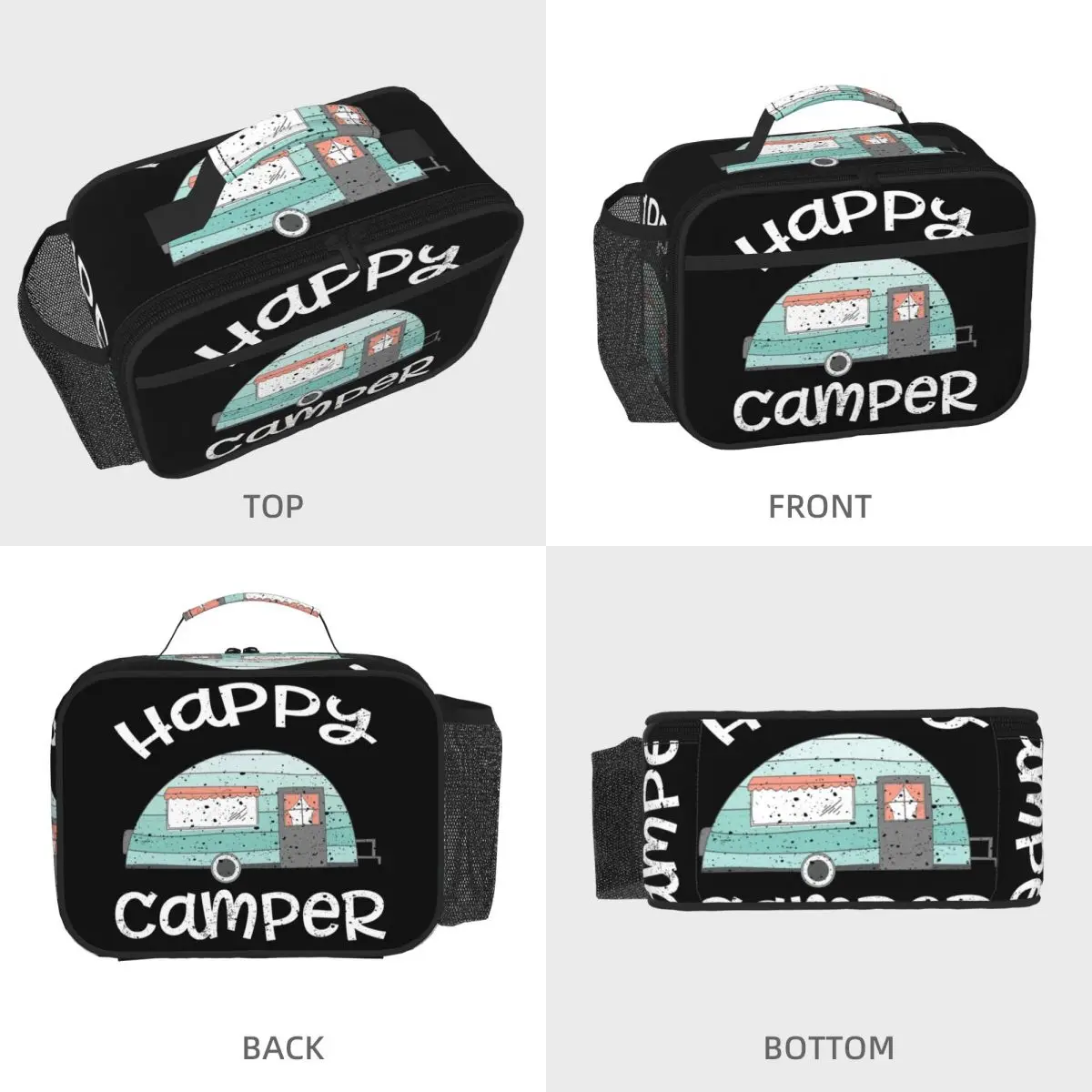 Happy Camper Retro Trailer RV Caravan Camping Insulated Lunch Bag for Women Kids Portable Food Boxes Thermal Lunch Box Tote