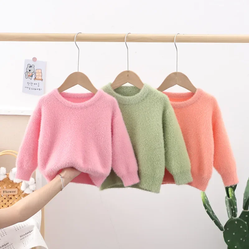 Flocking Children Fleece Sweater 2022 Pure Color Autumn Furry Knitted Sweater Warm Winter Bottoming Shirt Kids Girl Tops FY09161