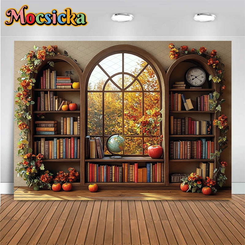 Mocsicka книжная полка фон для фотосъемки осень яблоко детский душ день рождения фон окно цветы листья Декор баннер
