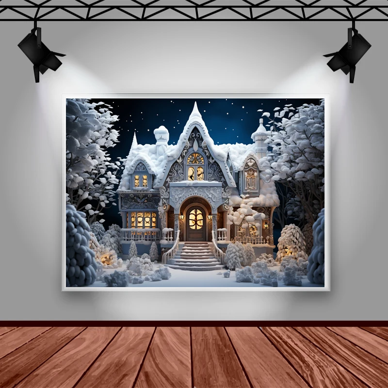 Arrière-Plan de Photographie de Noël d'Hiver, Thème Monde Glacé, Arbre de Noël, Blanche Neige, Décor de Maison, pour Portrait d'Enfant et d'Adulte, Studio Photo