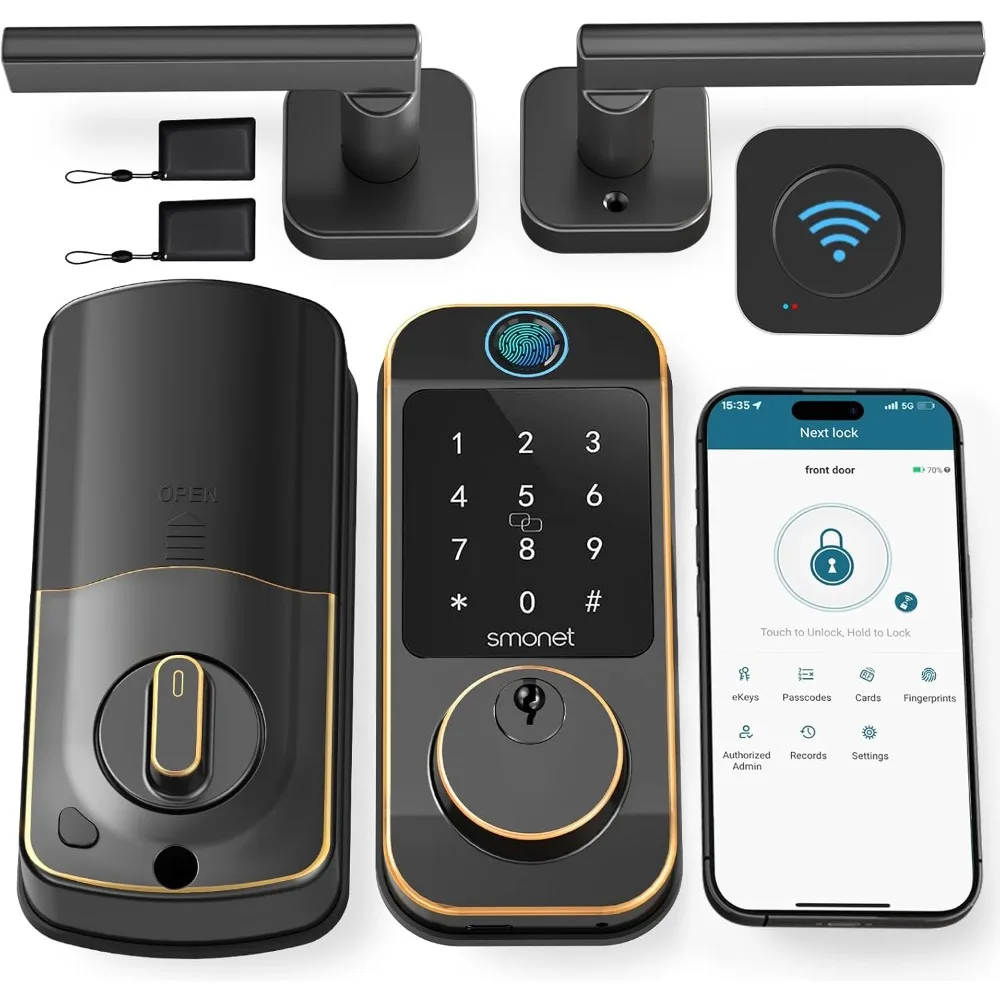 WiFi Keyless Door Lock with Handle Set – Fingerprint Smart Lock, Bluetooth Keypad Deadbolt, Remote Control via App & Alexa, Aut