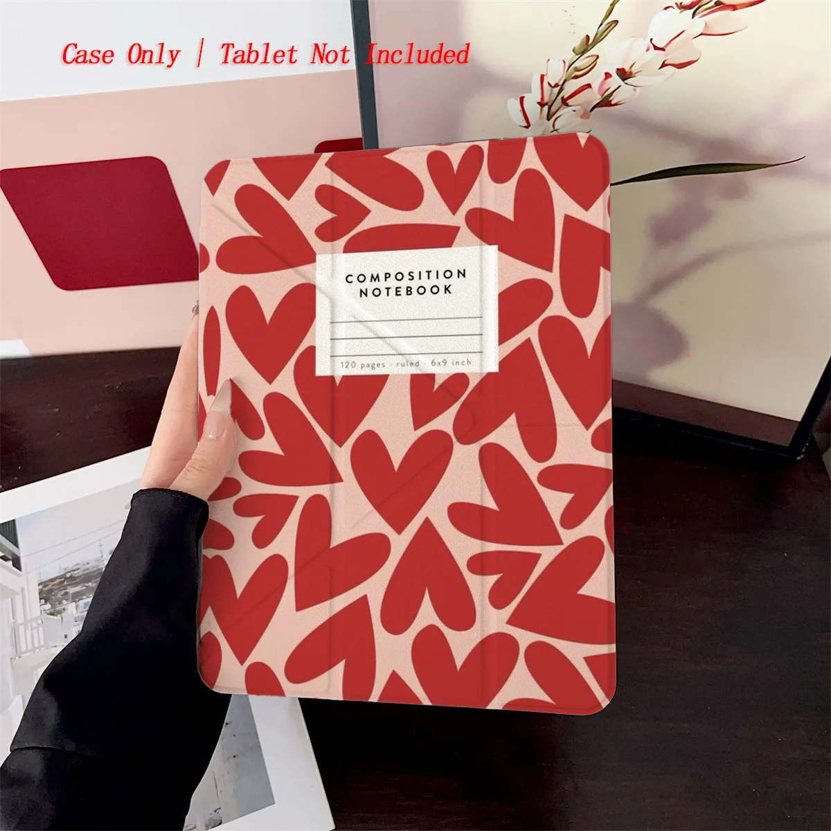 Elegant Y-Fold Acrylic Pink Background&Red Hearts iPad Case For Apple iPad Pro 11/12.9 Air 3/4/5 Mini 5/6 8th/9th/10th Gen Cover