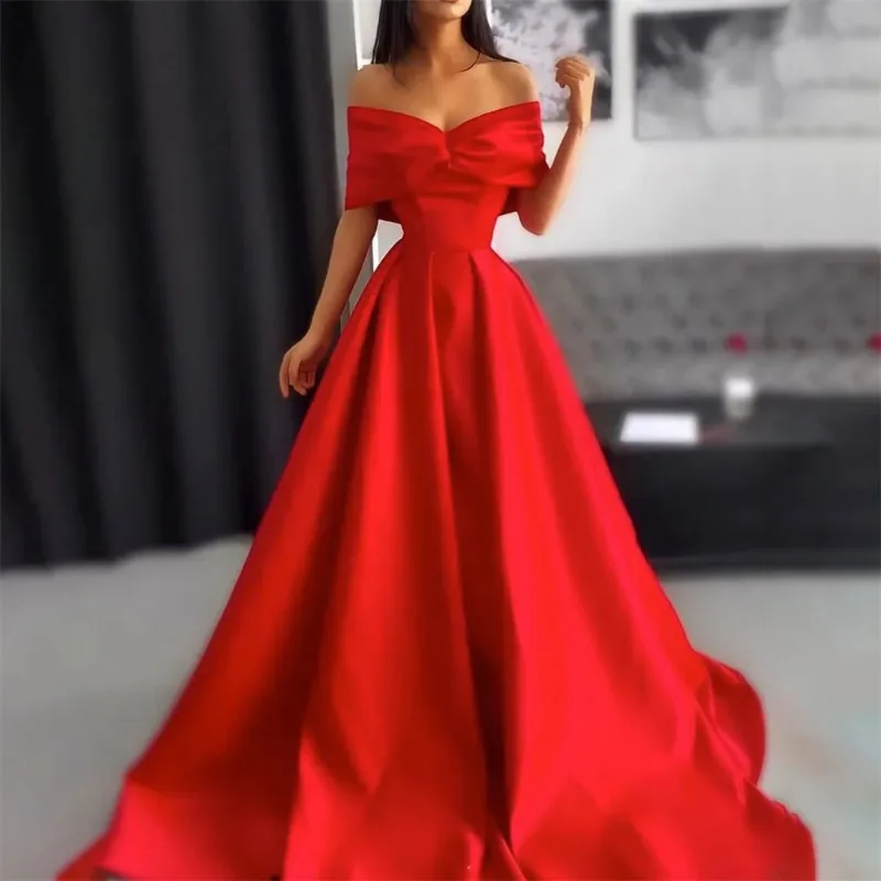 Customized Elegant Sexy Red A Line Wedding Party Dress Simple Off The Shoulder Celebrity Dresses Stain Special Occasion Robes De