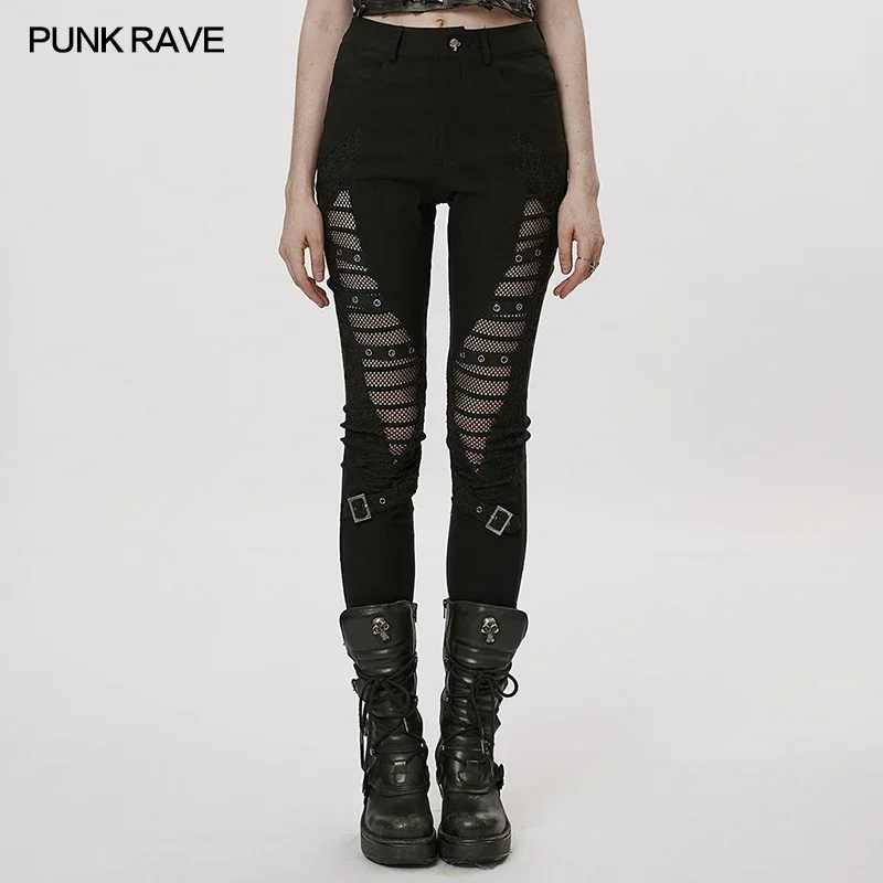 PUNK RAVE Women's Gothic Hollow-out Eyelet Webbing Leggings Punk Personality Handsome Sexy Girl Tights Pants Spring/autumn