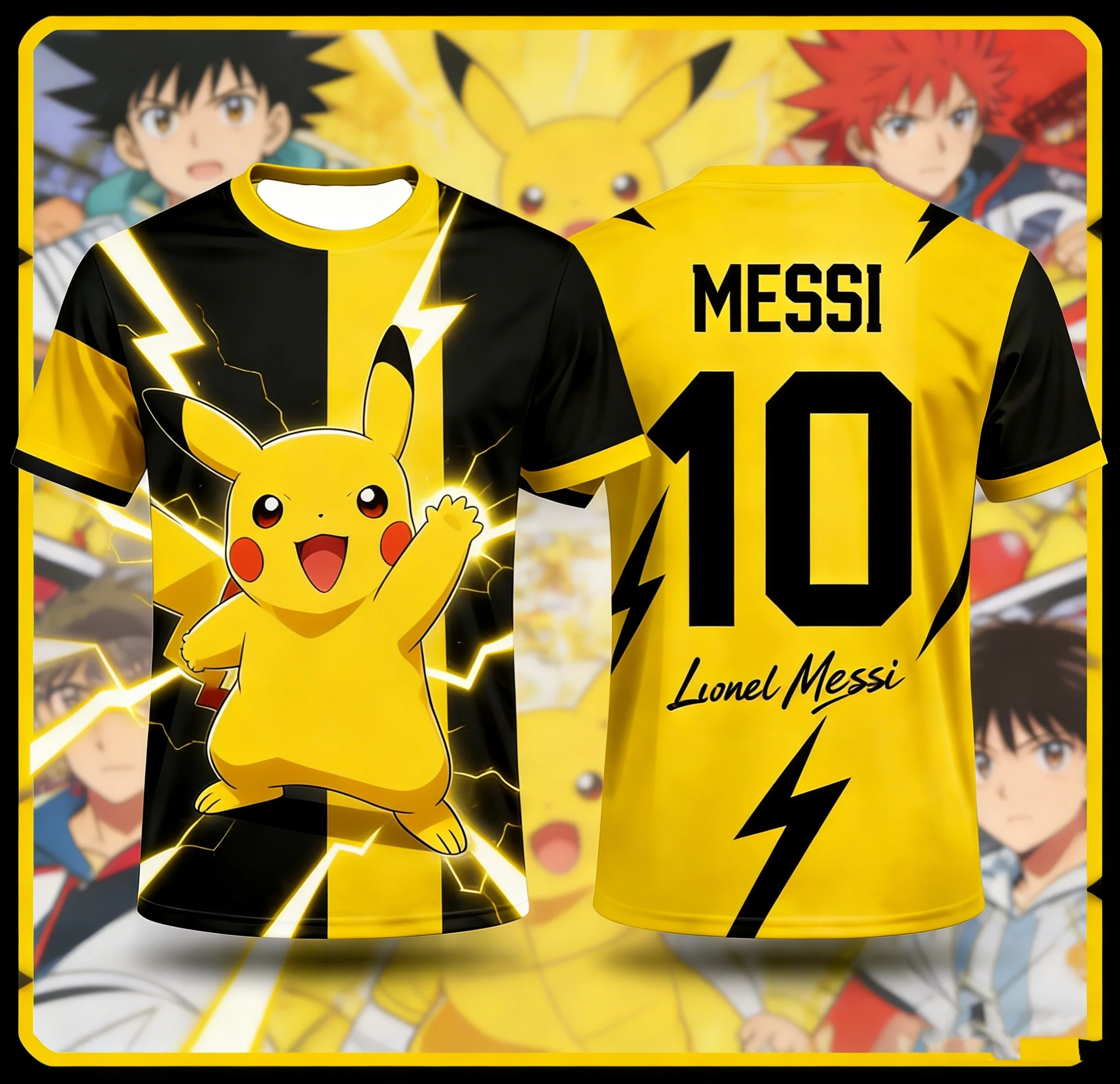 

Летняя футболка 2026 Piachu Messi Linkage 3D с быстросохнущим эффектом, с мультяшным принтом, для отдыха и спорта, с коротким рукавом, дышащая, для занятий спортом