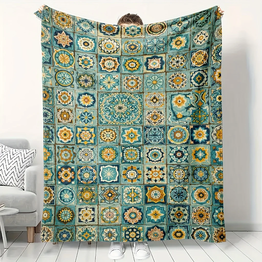 Vintage Mediterranean Floral Tile Patchwork Teal Yellow Print Soft Flannel Blanket Bohemian Throw for Sofa Bedroom Home Use