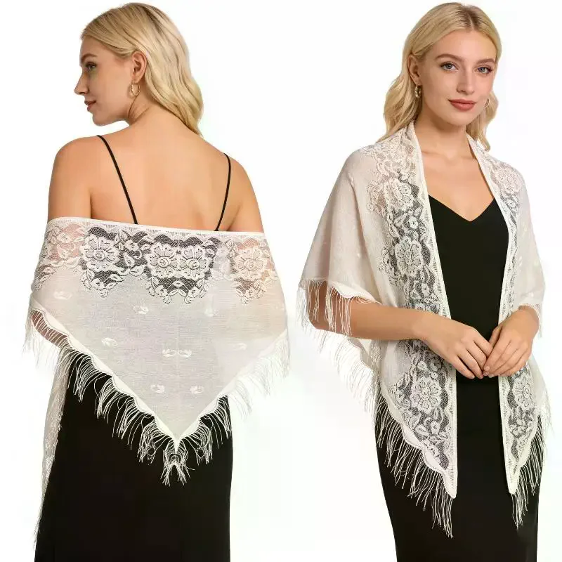 Floral Lace Triangle Shawl Tassel Fringe Wedding Bridal Wrap Sheer Scarf Cover Up For Evening Party Formal Dress Matching