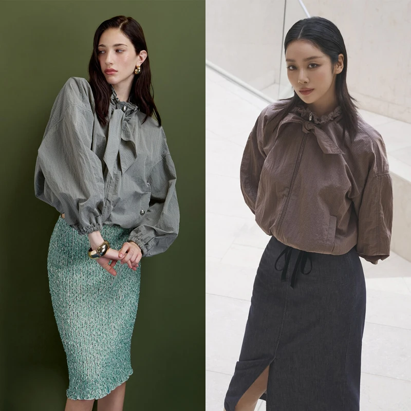 

MICOAT Faionable Anti-Aging Design 25 Autumn Pleated Stand Collar Rabbit Ear Bowtie Jaet Women's Casual Loose Fit Long Sl...