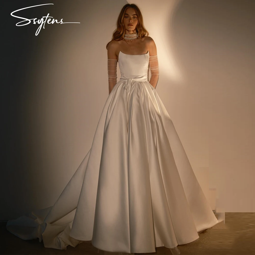 Abiti da sposa Vintage in raso per eventi speciali abiti da sposa senza spalline a trapezio abiti eleganti da principessa abito da sposa senza guanti