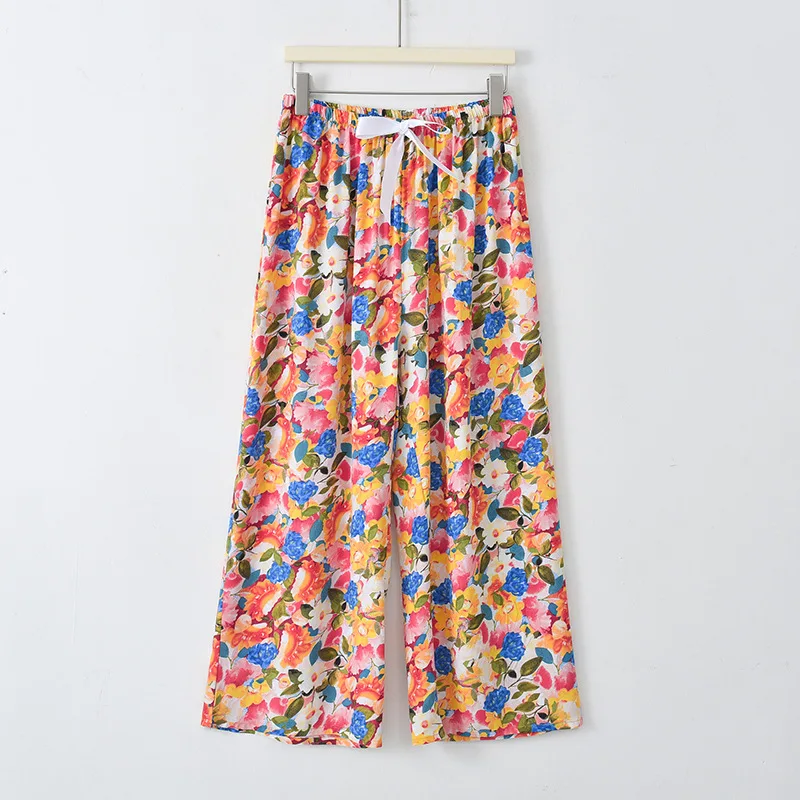 Cotton silk summer women loose large size wide leg pants nine point pants women home can wear rayon cotton beach pants