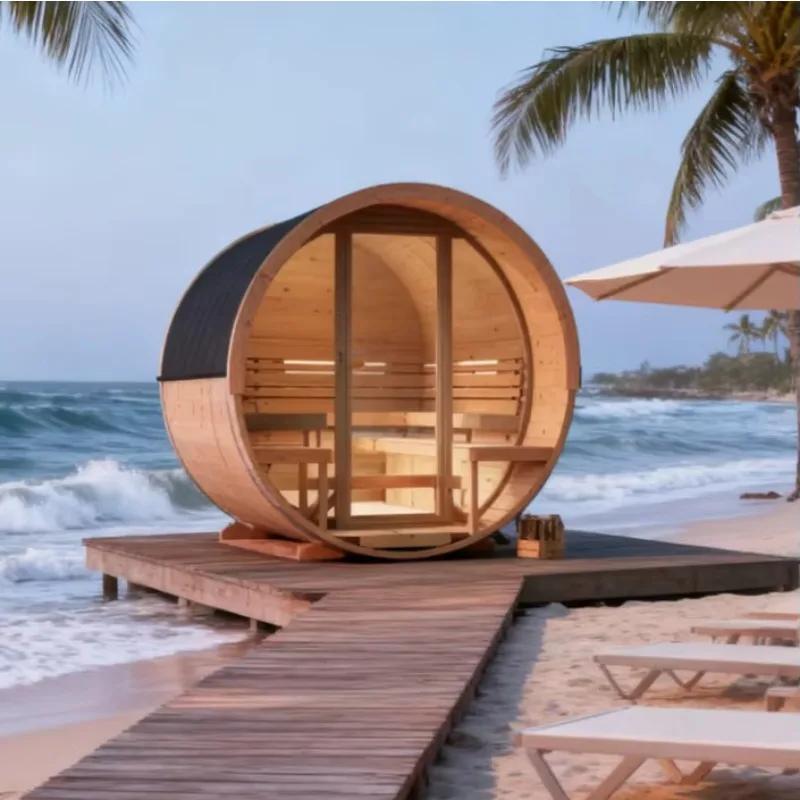 Customized 4-8 Person Outdoor Barrel Sauna, Solid Red Cedar Wood Traditional Steam Sauna with Window and Wood Fired Stove