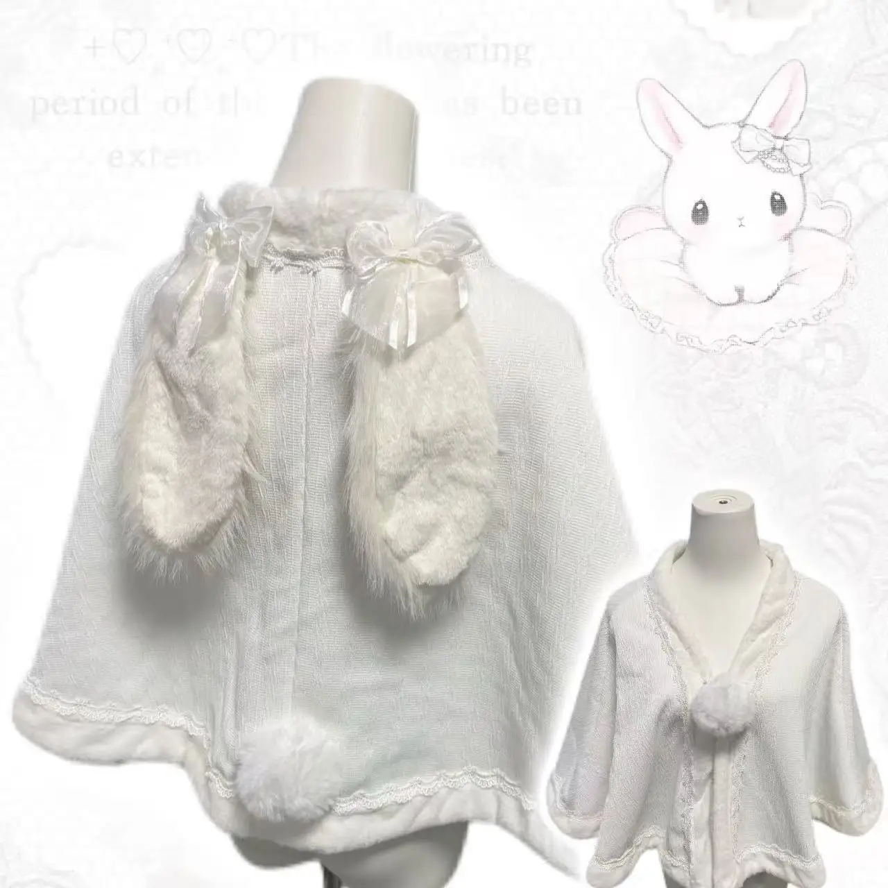 Japanese Soft Girl Rabbit Ears Aesthetic Plush Cape for Women Autumn Winter New Lace Trim Bow Neck Lolita Outer Shawl