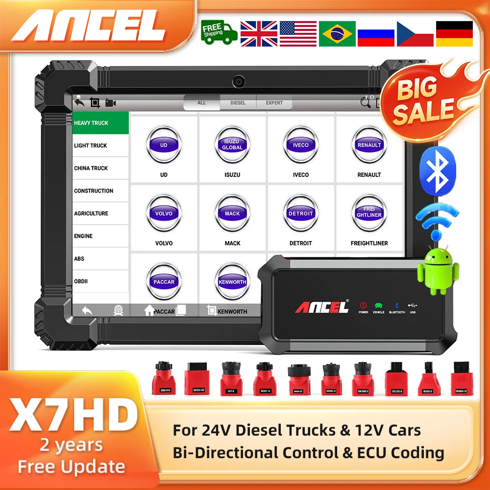 

2025 Ancel X7 HD Diesel Heavy Duty Truck Diagnostic Tool ECU Oil Reset Bi-directional 24V 12V All System OBD2 Truck Scanner