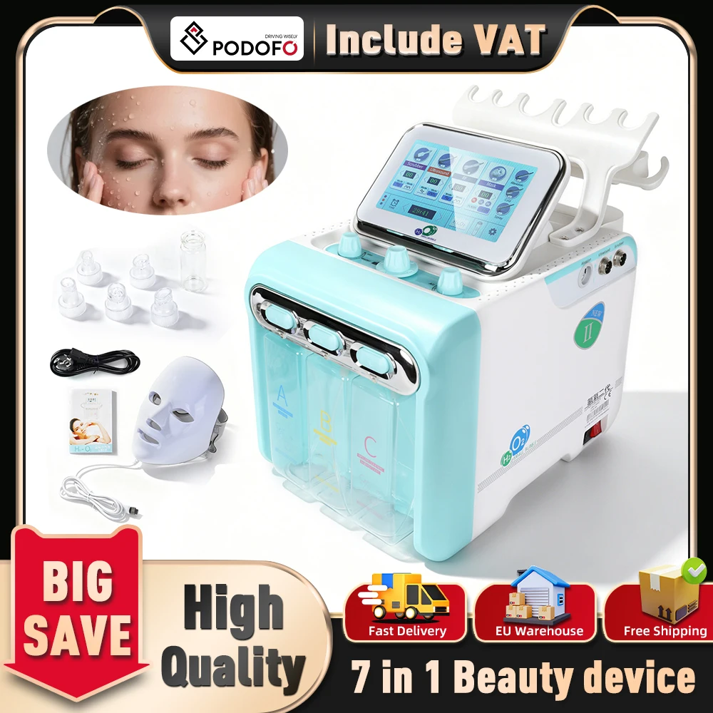 Appareil de beauté Podofo 6-en-1 Hydro Jet Peel à oxygène, exfoliant, nettoyage en profondeur, radiofréquence, lifting, raffermissement, soin de la peau, dermabrasion à l'eau, injection d'oxygène, rajeunissement cutané, machine de beauté Whiting
