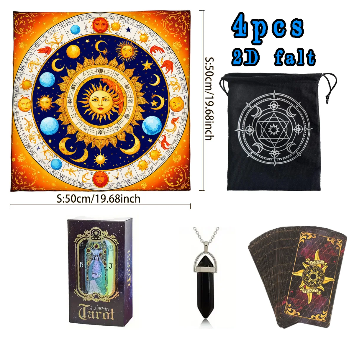Juego de 4 Cartas del Tarot con Diseño de Cuerpo Celeste, Fase Lunar y Estrellas, 1 Juego de 78 Cartas del Tarot Queen, 1 Tapete para Tarot, 1 Bolsa de Almacenamiento, 1 Colgante