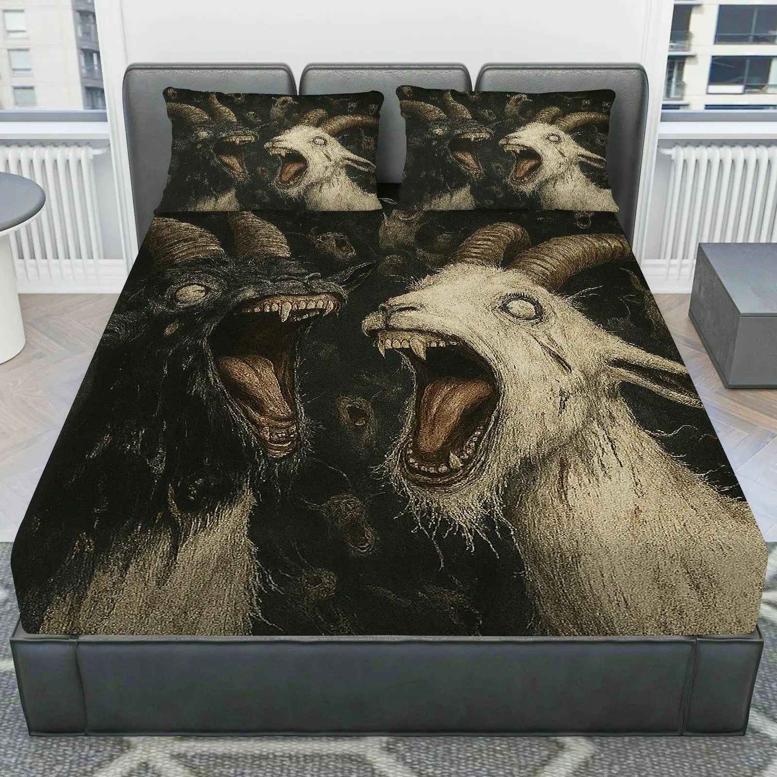 Vintage Gothic Horror Style Bedding Set (3-Piece Set), Includes 1 Fitted Sheet + 2 Pillowcases, Core-Free Design, Halloween Theme, Spooky Horror Bedding Series, Soft and Breathable Mattress Protector