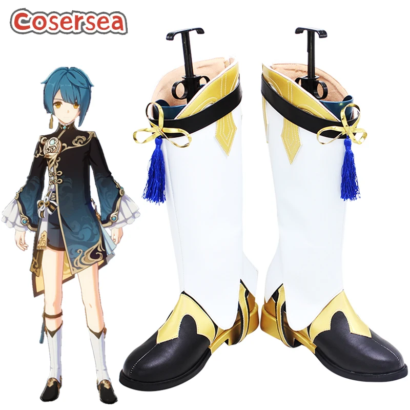 

Cosersea Game Genshin Impact Xing Qiu Cosplay Shoes Female Or Male Women White Mixed Black PU Leather Flat Boot Halloween