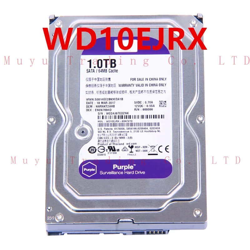 

New Original HDD For WD Purple 1TB 3.5" SATA 6 Gb/s 64MB 5400RPM For Internal Hard Disk For Surveillance HDD For WD10EJRX