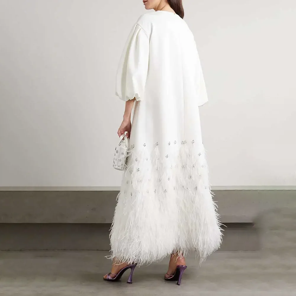 ROYET White Luxury O Neck Full Puff Sleeve Feathers Crystal A Line Evening Dress Ankle Length Vintage Long Prom Gown New