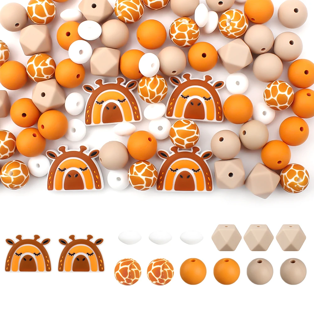 30pcs/Set Giraffe Focal Beads Set Printed Round Loose Beads Raccoon Elephant Animal Silicone Beads For Jewelry Beaded Pen Making