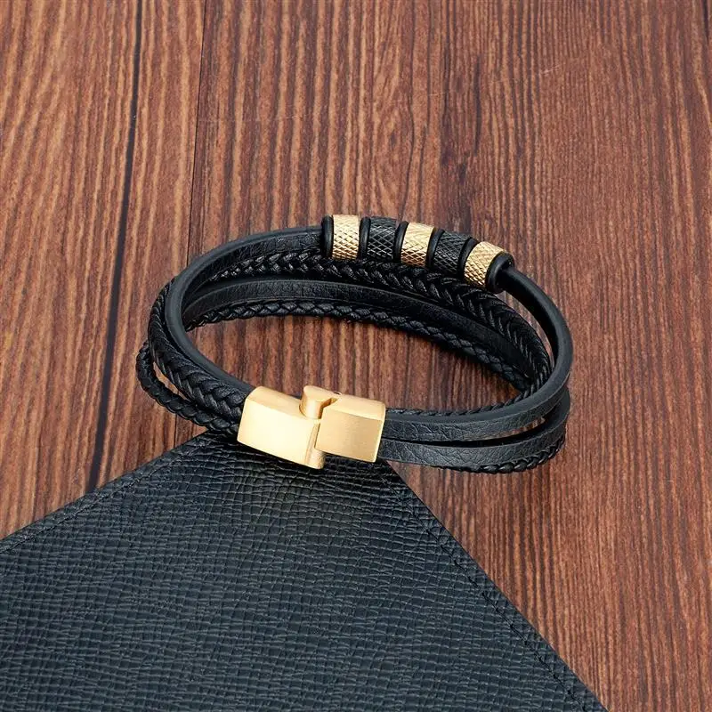 Luxury Stainless Steel Beaded Bracelet for Men Classic Multilayer Braided Leather Bracelet Fashion Men\'s Jewelry Gifts
