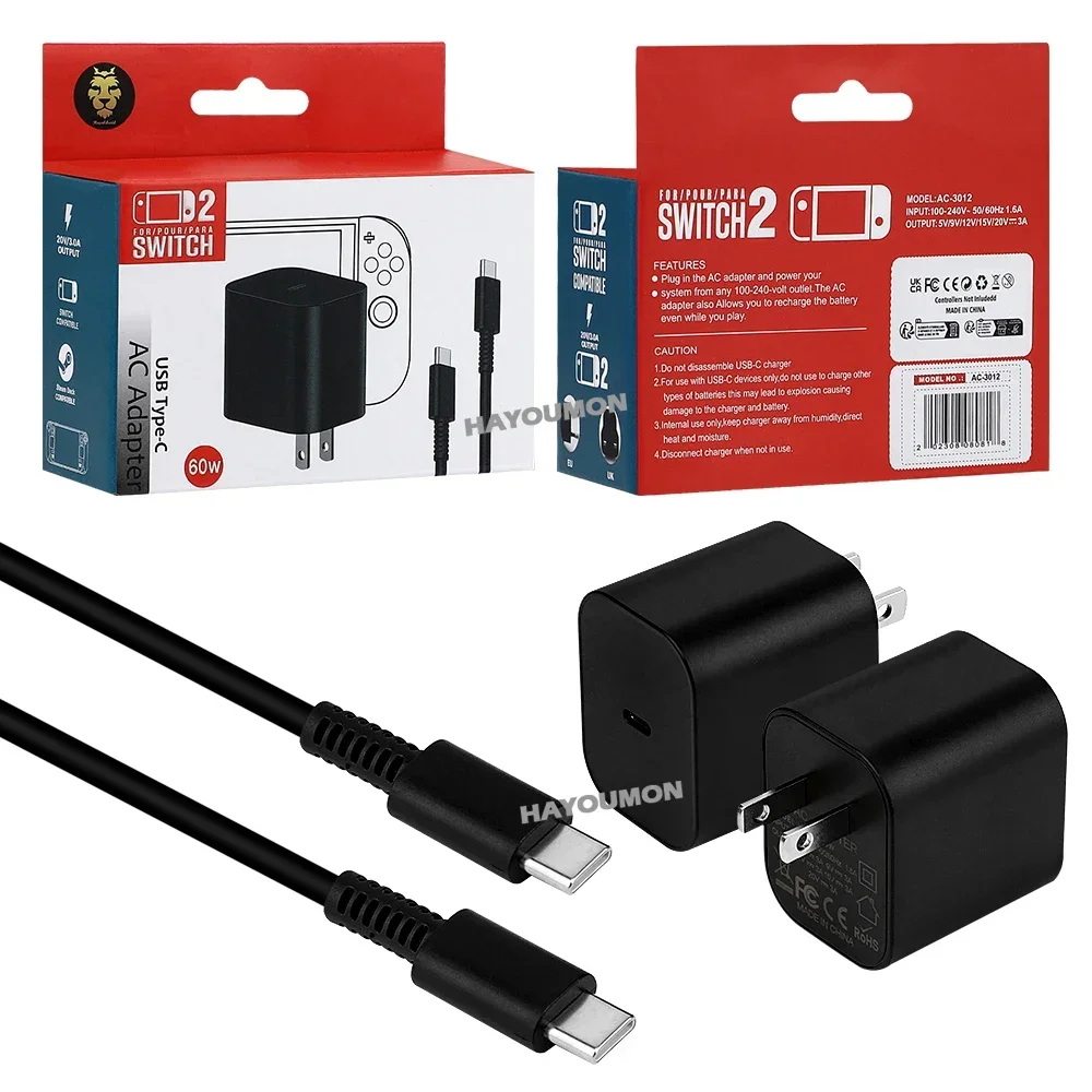

Сетевой адаптер Type-C 60 Вт (Великобритания, США, ЕС) для Switch 2: быстрое зарядное устройство, блок питания, поддержка режима док-станции для ТВ, настенное зарядное устройство, игровые аксессуары