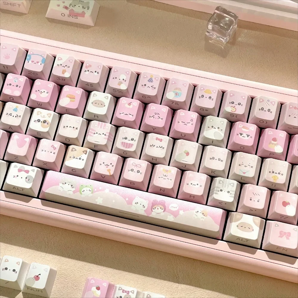 Meow Meow Pink KeycapsOriginal side-engraved translucent keycaps135pcs heat sublimation wooting