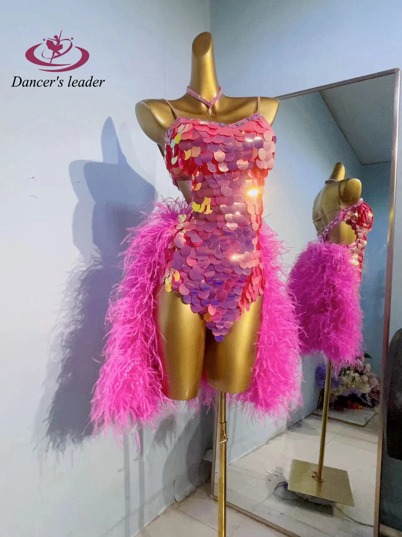 라틴 댄스 국제 무대 여성 하이 엔드 맞춤형 핑크 빅 플러피 삼바 라인 석 공연 의상 드레스