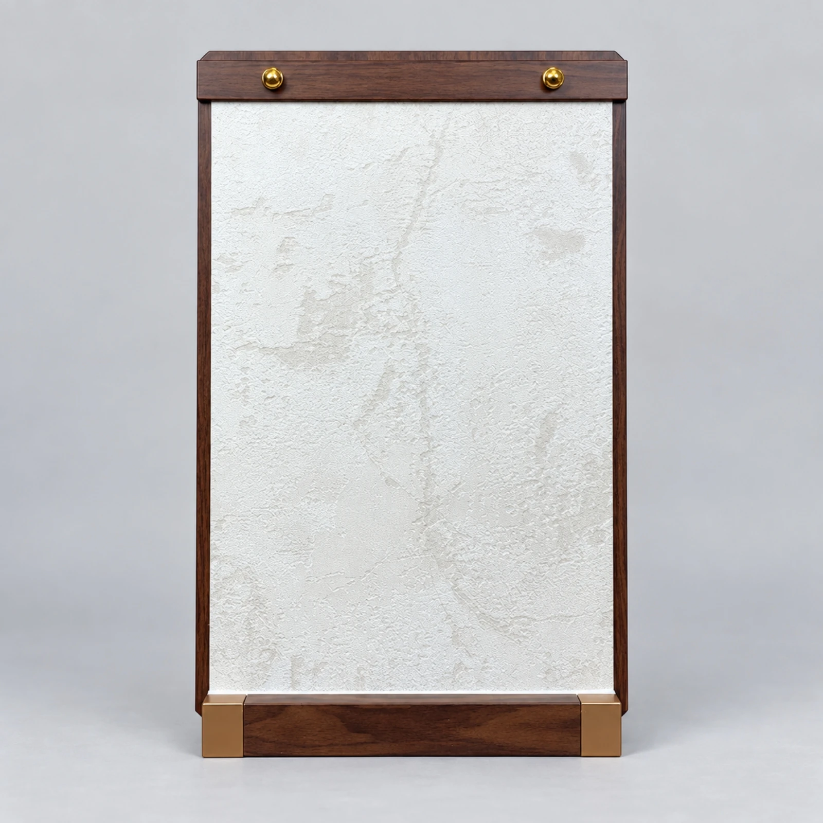 Freestanding Nail Art Display Board with Walnut Wood-grain Frame and Integrated Base Stand for Salon Use