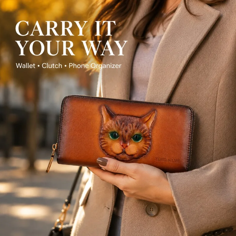Women Genuine Leather Long Wallet Large Capacity Cat Embossed Multi Card Zipper Clutch Purse Vintage Handmade Custom Engraving