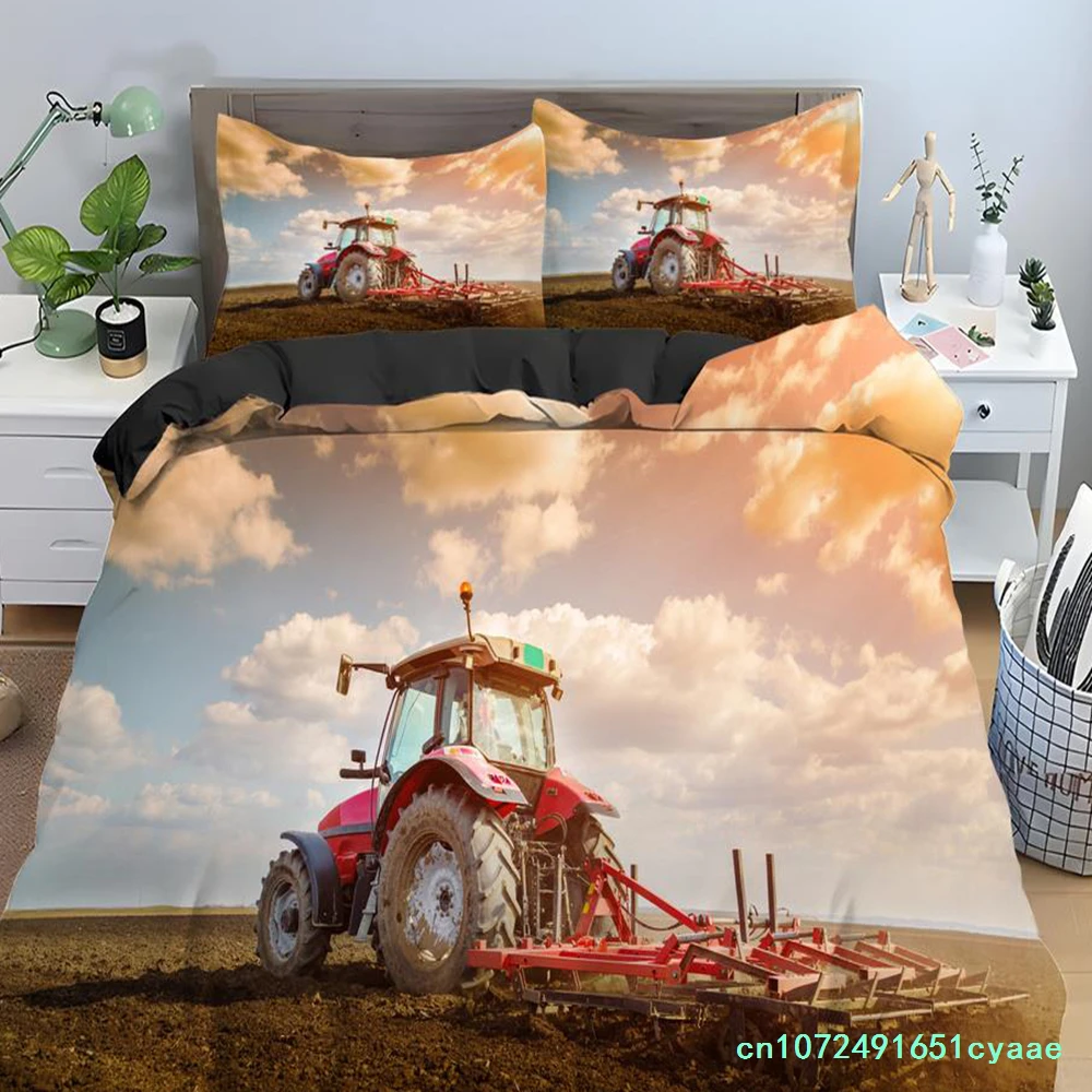 Tractor King Queen Duvet Cover Kids Car Excavating Machinery Bedding Set Farm Vehicle Tool Quilt Cover Polyester Comforter Cover