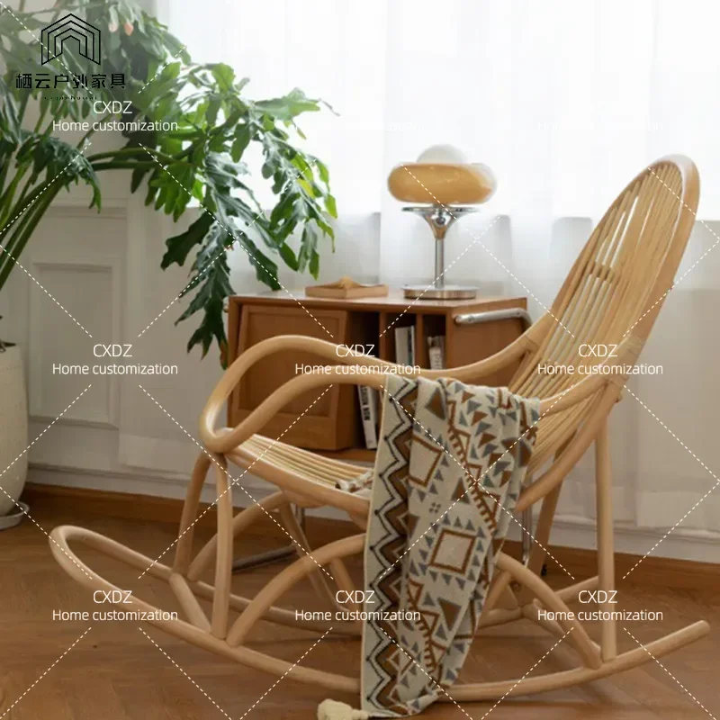 Customizable Rattan Rocking Chair for Home Balcony Leisure Adult Real Rattan Lazy Lounger