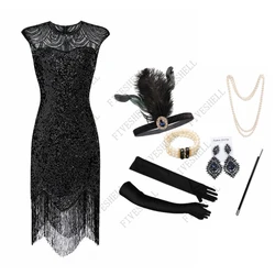 1920s Flapper Tassel Dress Great Gatsby Party Evening Sequins Fringed Gown Dresses Party Costume with 20s Accessories Set