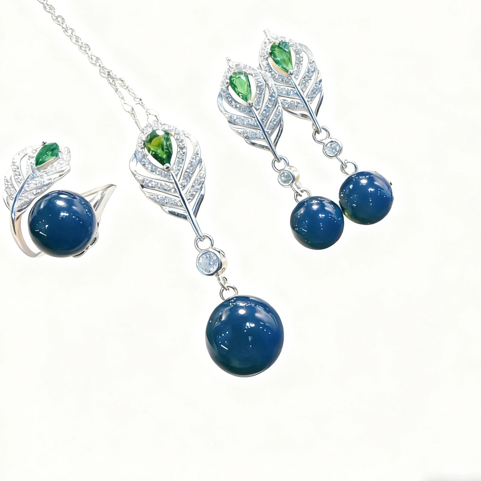 

Natural Mexican Blue Amber Sterling Silver Suit Feather Design 11mm 9mm 8mm Bead Elegant Luxury Jewelry Set